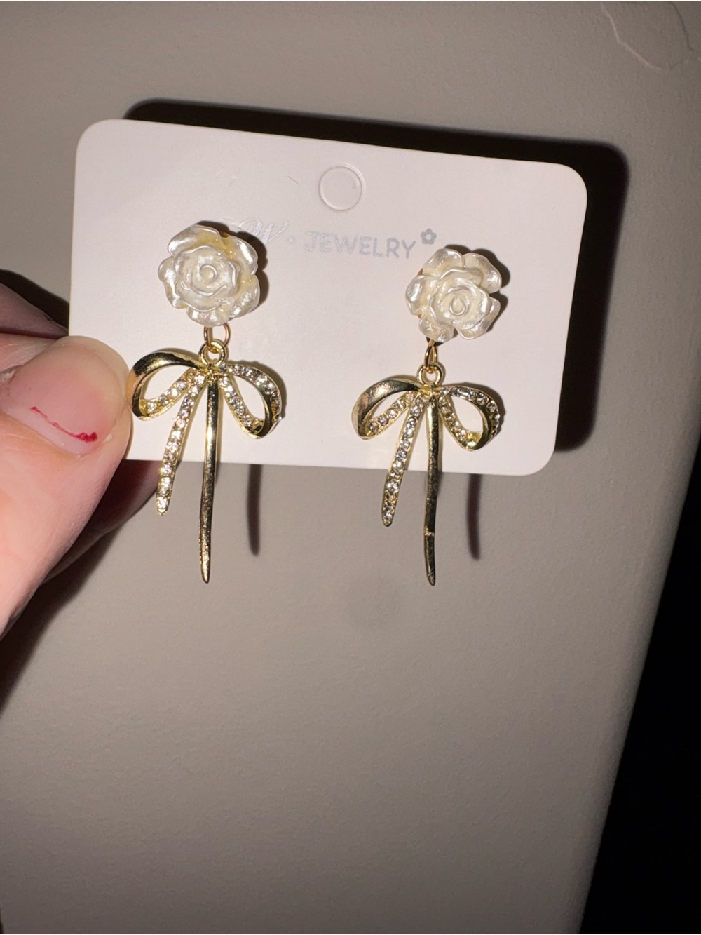 Gold Bow & White Rose Drop Earrings by